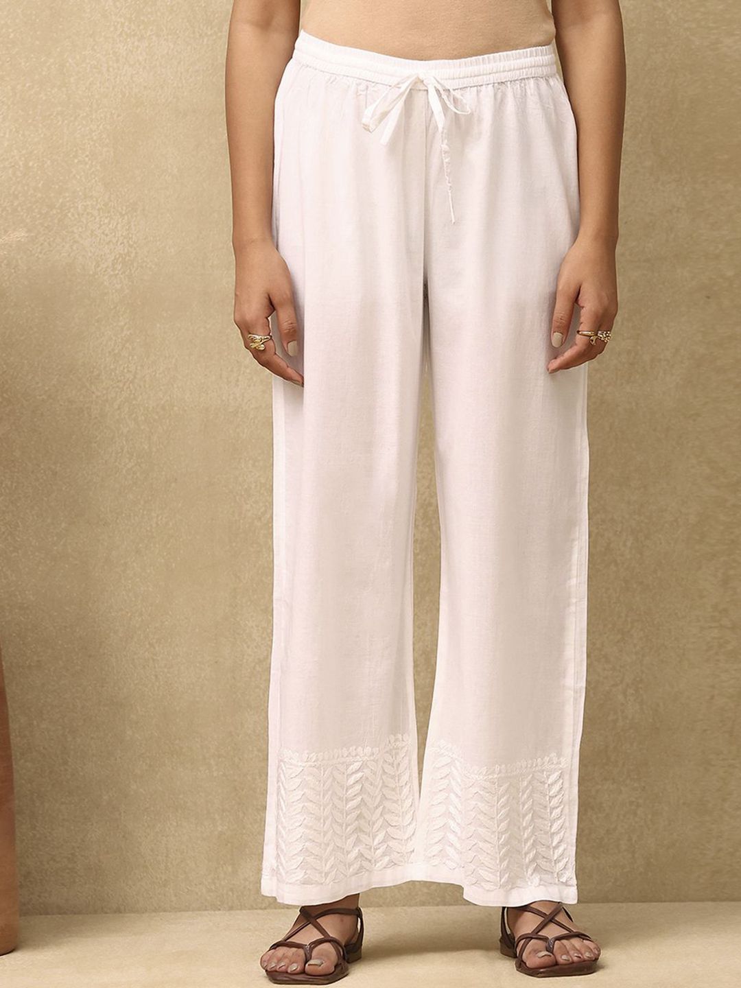 House of Chikankari Women White Cotton Chikankari Embroidered Palazzo