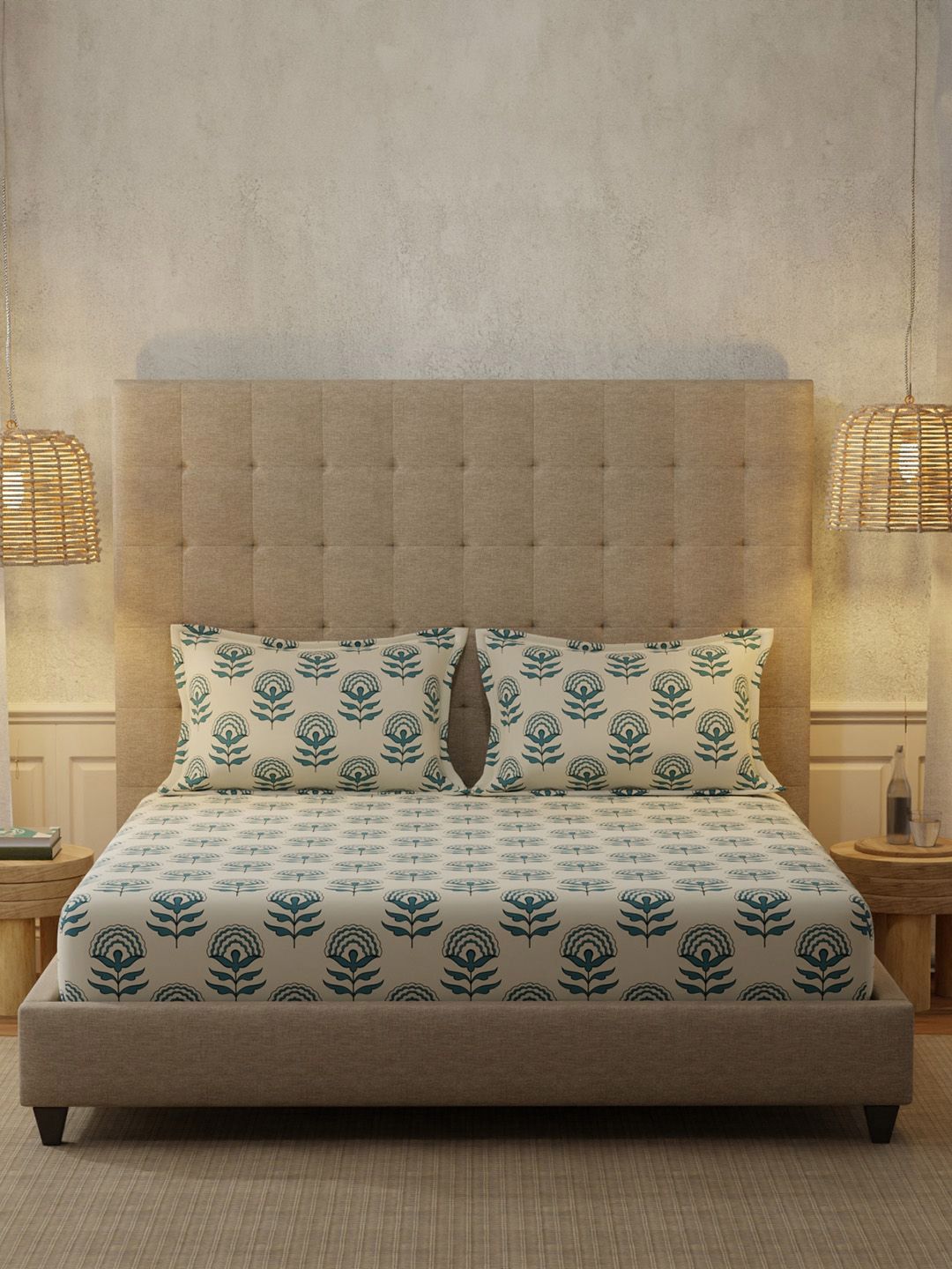 URBAN SPACE Florabell Blue 200 TC Floral King Bedsheet