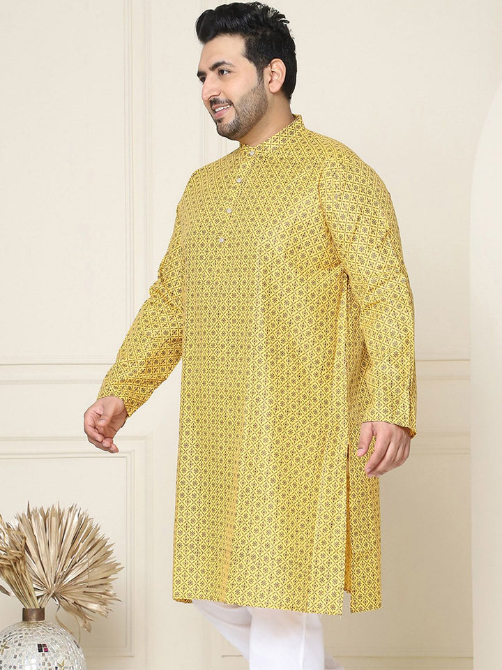 SOJANYA Plus Ethnic Motifs Printed Mandarin Collar Long Sleeve Cotton Linen Straight Kurta