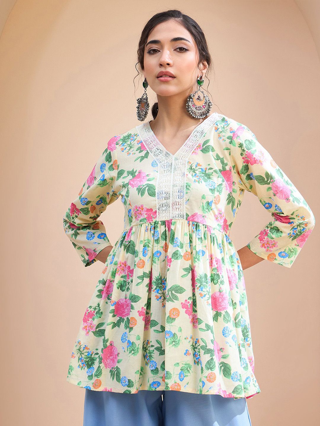 Shae by SASSAFRAS Floral Printed V-Neck Patchwork Pure Cotton Patchwork Kurti