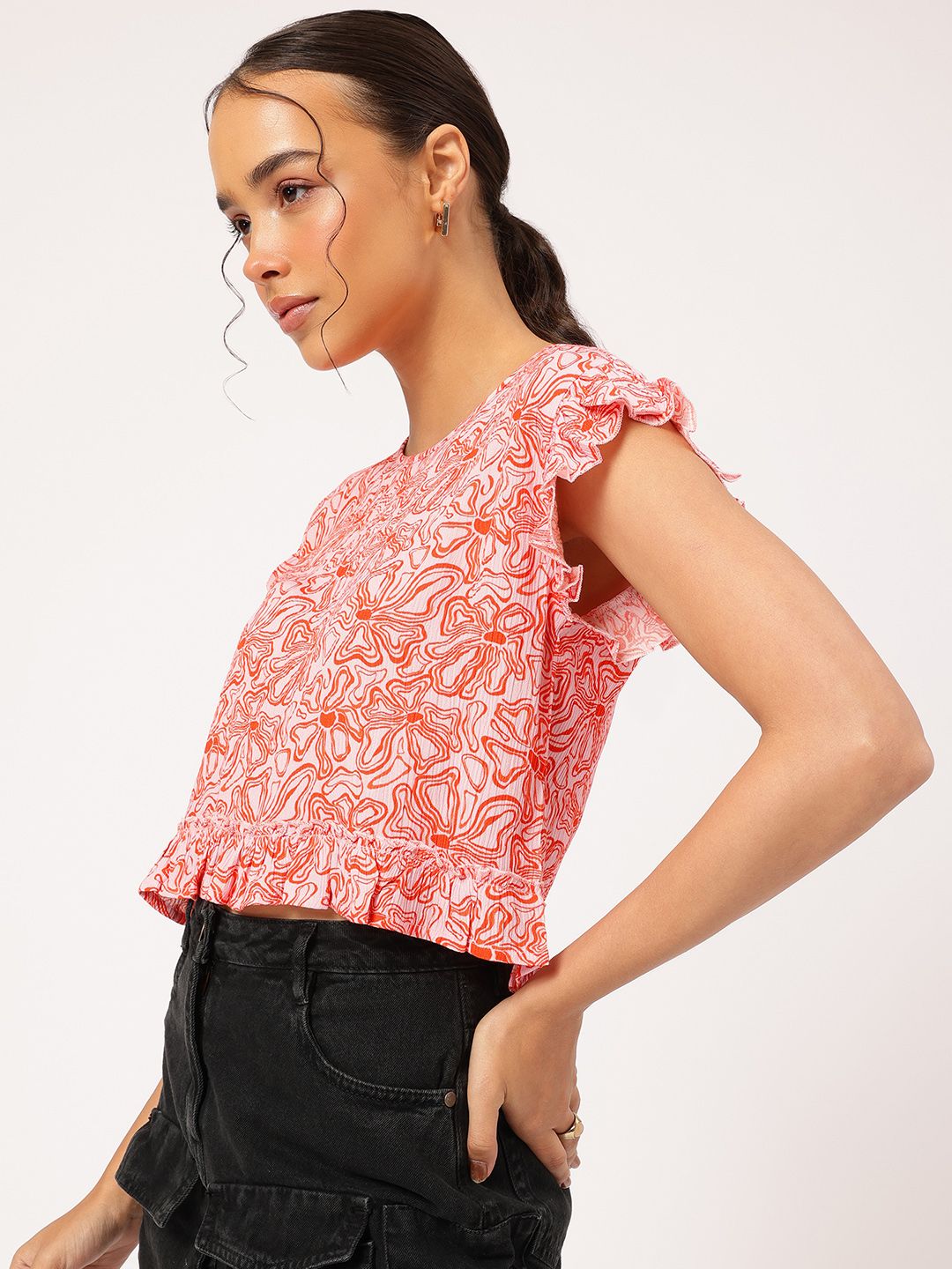 DressBerry Citrus Moment Flutter Sleeve Ruffled Floral Print Top