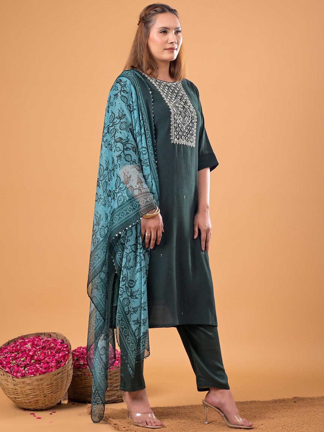 Mamicha Women Woven Design Embroidered Cotton Kurta with Trousers & Dupatta