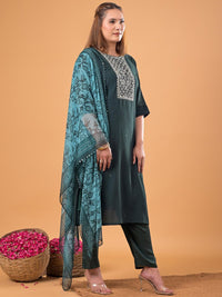 Mamicha Women Woven Design Embroidered Cotton Kurta with Trousers & Dupatta