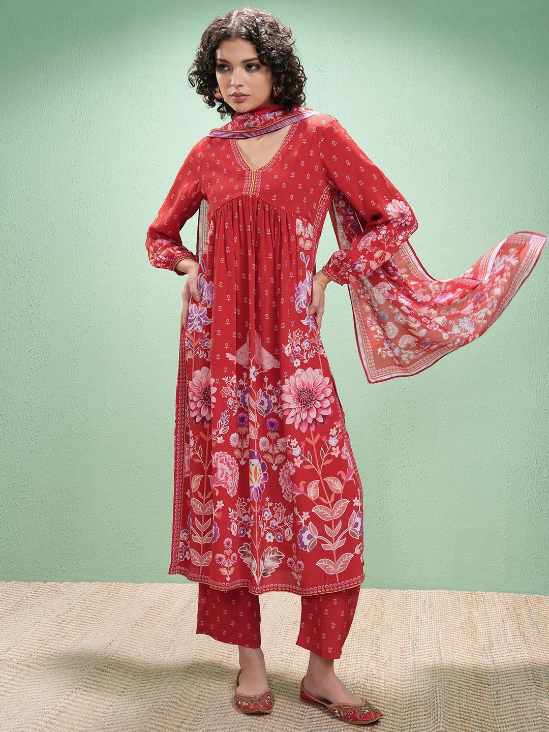 Vishudh Floral Printed V-Neck Empire A-Line Kurta With Trouser And Dupatta