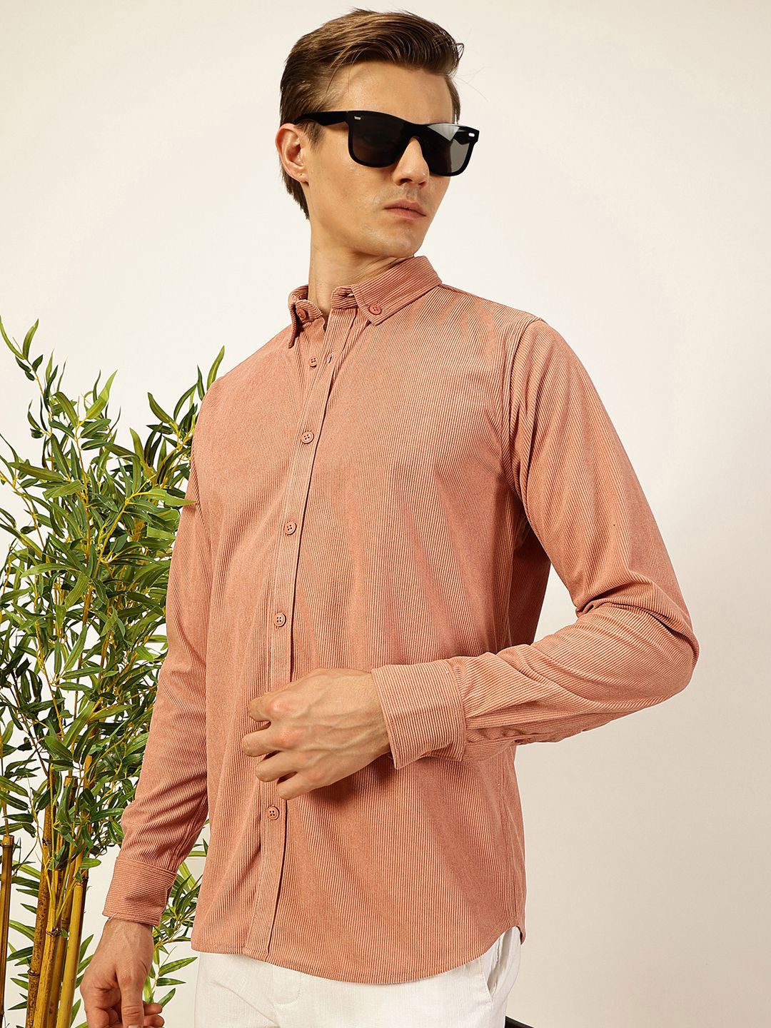 Thomas Scott Men Premium Corduroy Slim Fit Button-Down Collar Casual Shirt