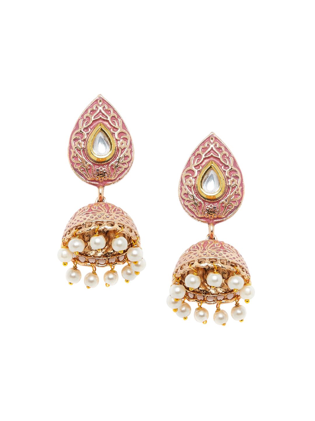 Anouk Pink Gold-Plated Stone Studded & Beaded Dome Shaped Jhumkas