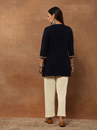 House of Chikankari Women Navy Blue Woollen Aari Embroidered Kurta