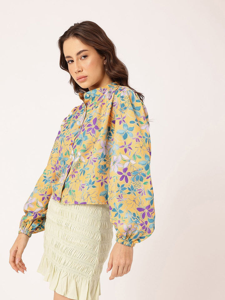 DressBerry Elegant Blooming Printed Gathers Boxy Casual Shirt
