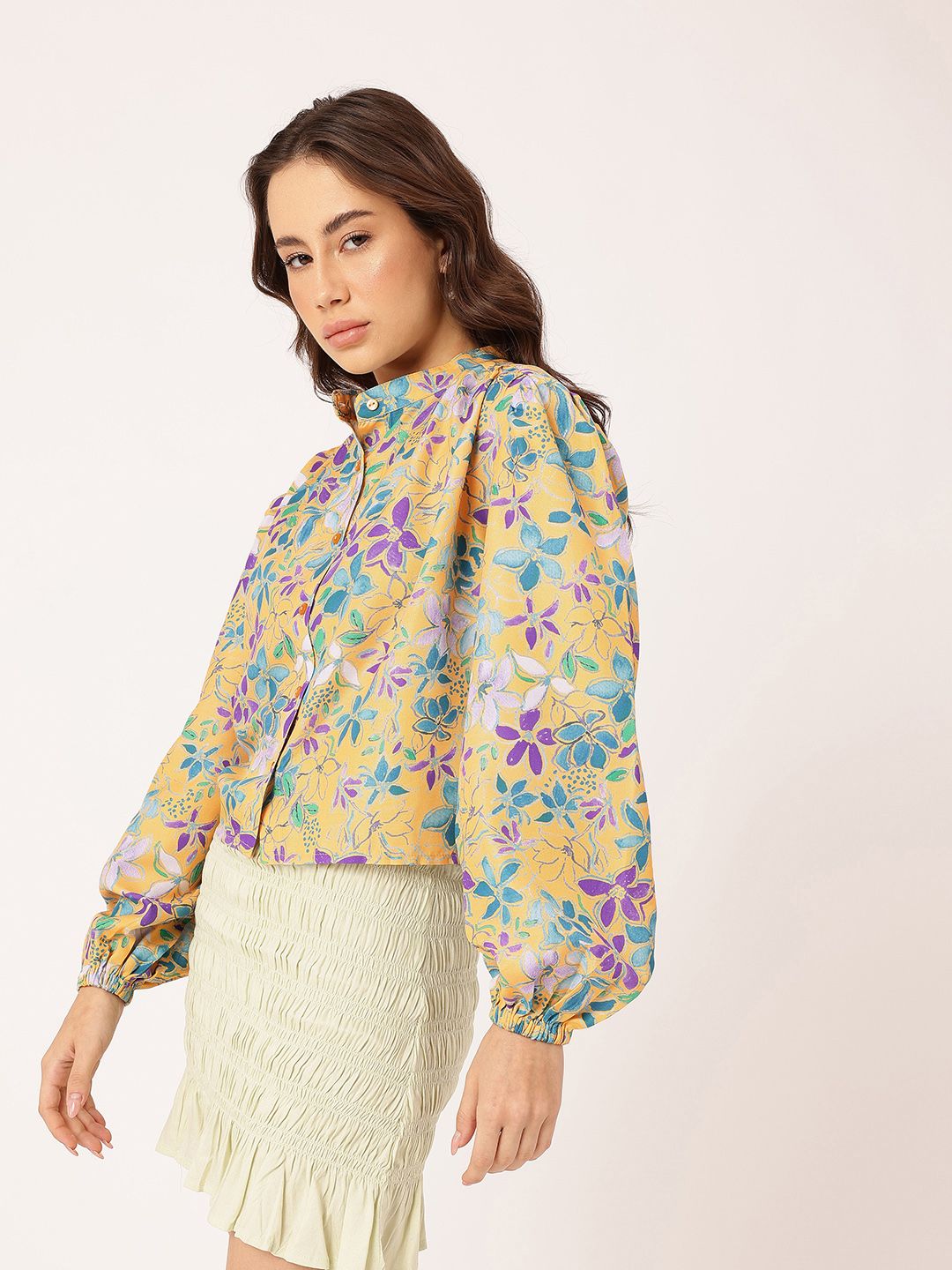 DressBerry Elegant Blooming Printed Gathers Boxy Casual Shirt