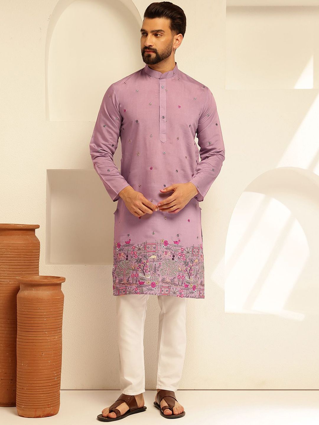 SOJANYA Kurta Lurus Sulam Bunga Mandarin Kolar Kapas Sutera