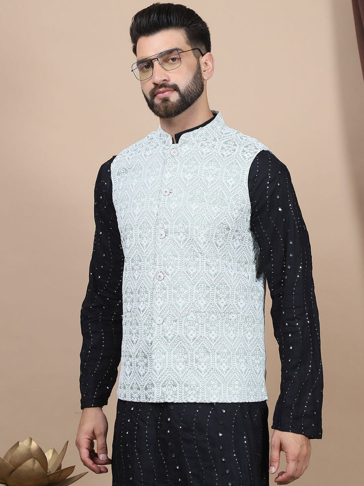 Anouk Embroidered Sequinned Pure Cotton Straight Kurta With Churidar & Nehru Jacket