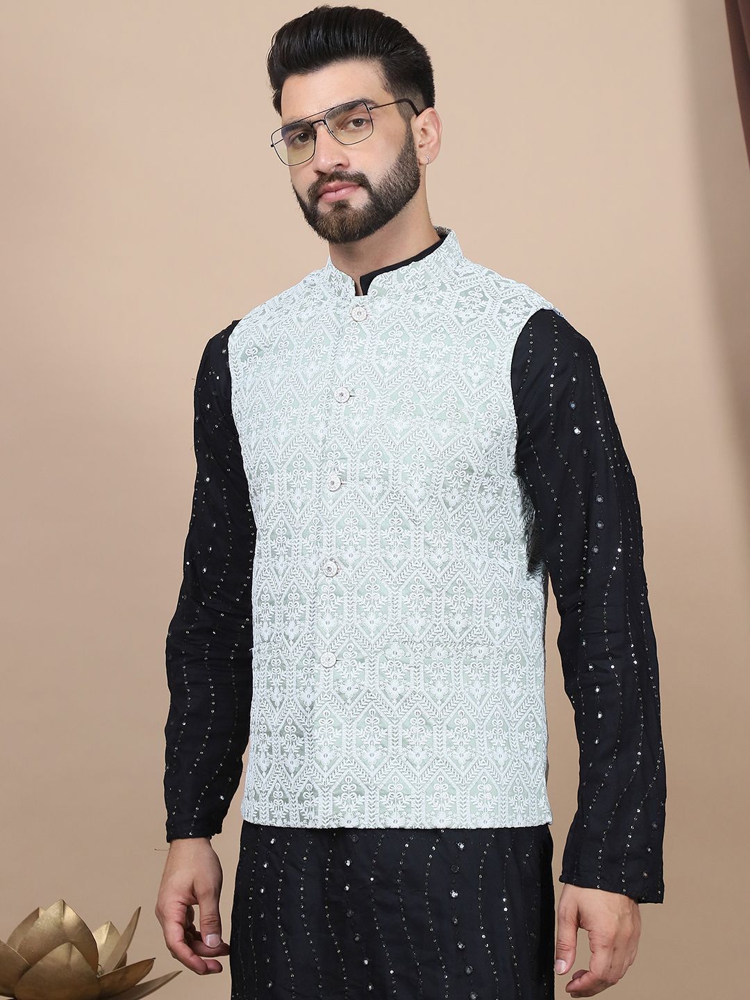 Anouk Embroidered Sequinned Pure Cotton Straight Kurta With Churidar & Nehru Jacket