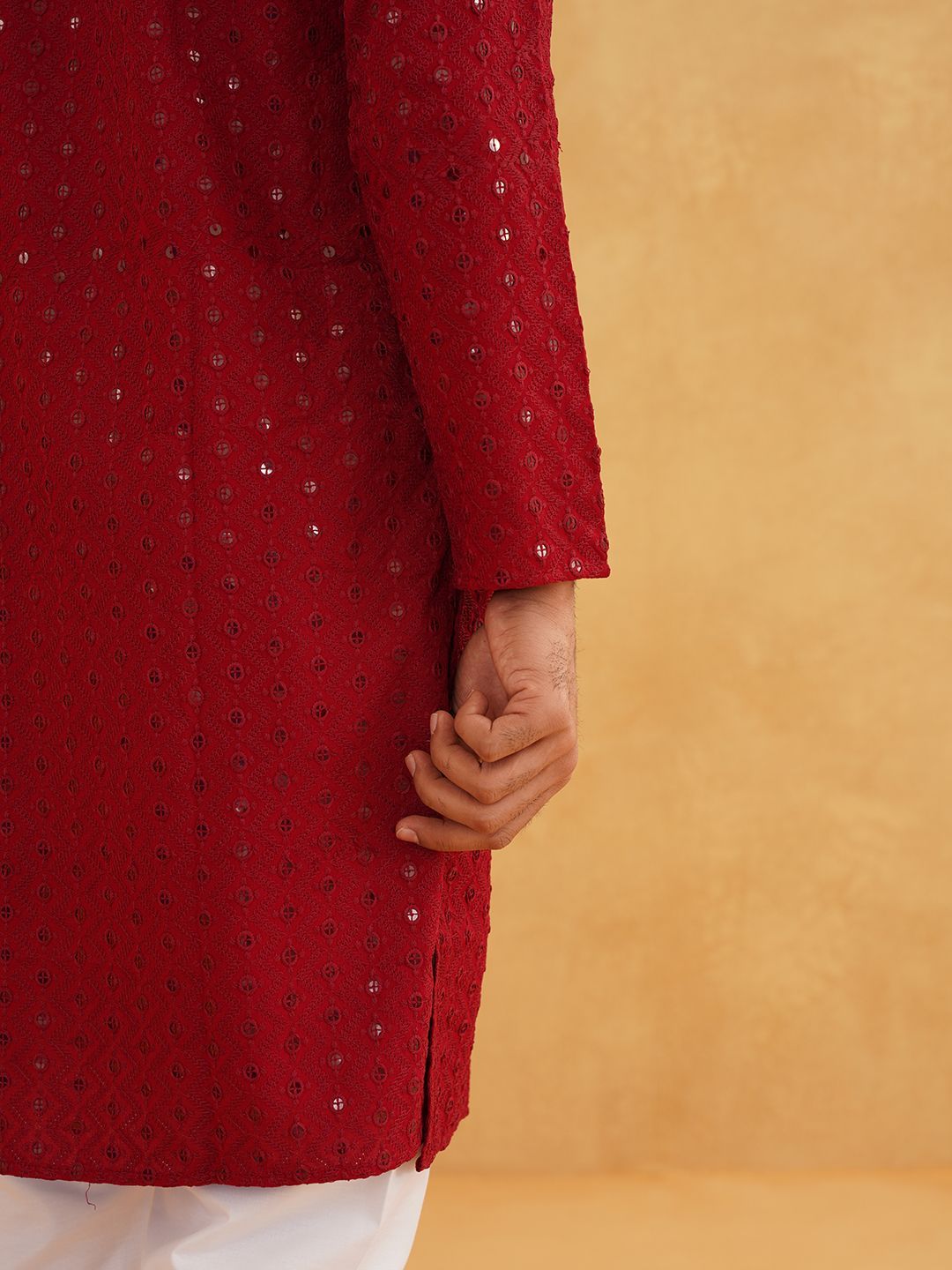 SOJANYA Chevron Sequin Sulam Mandarin Collar Pure Cotton Straight Long Kurta