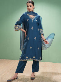 Vishudh Women Floral Embroidered Regular Thread Work Kurta with Trousers & With Dupatta