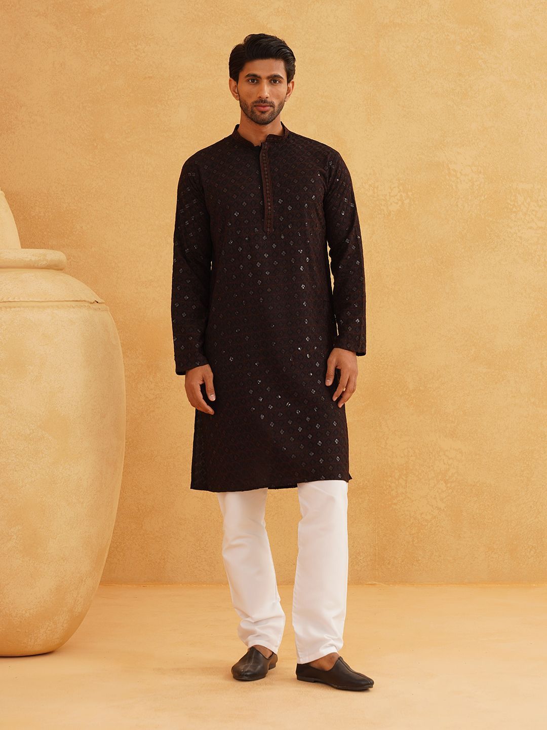 SOJANYA Motif Etnik Bersulam Kolar Mandarin Labuci Kapas Tulen Kurta Lurus