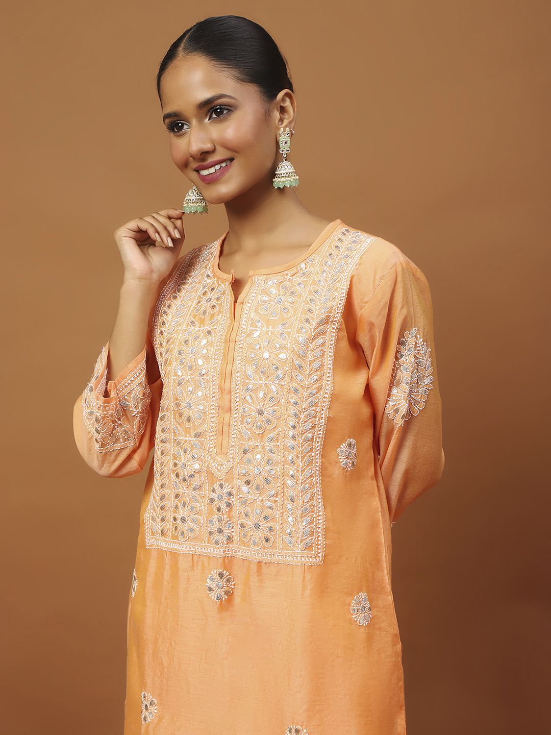 House of Chikankari Women Orange Chanderi Chikankari Embroidered Kurta Set