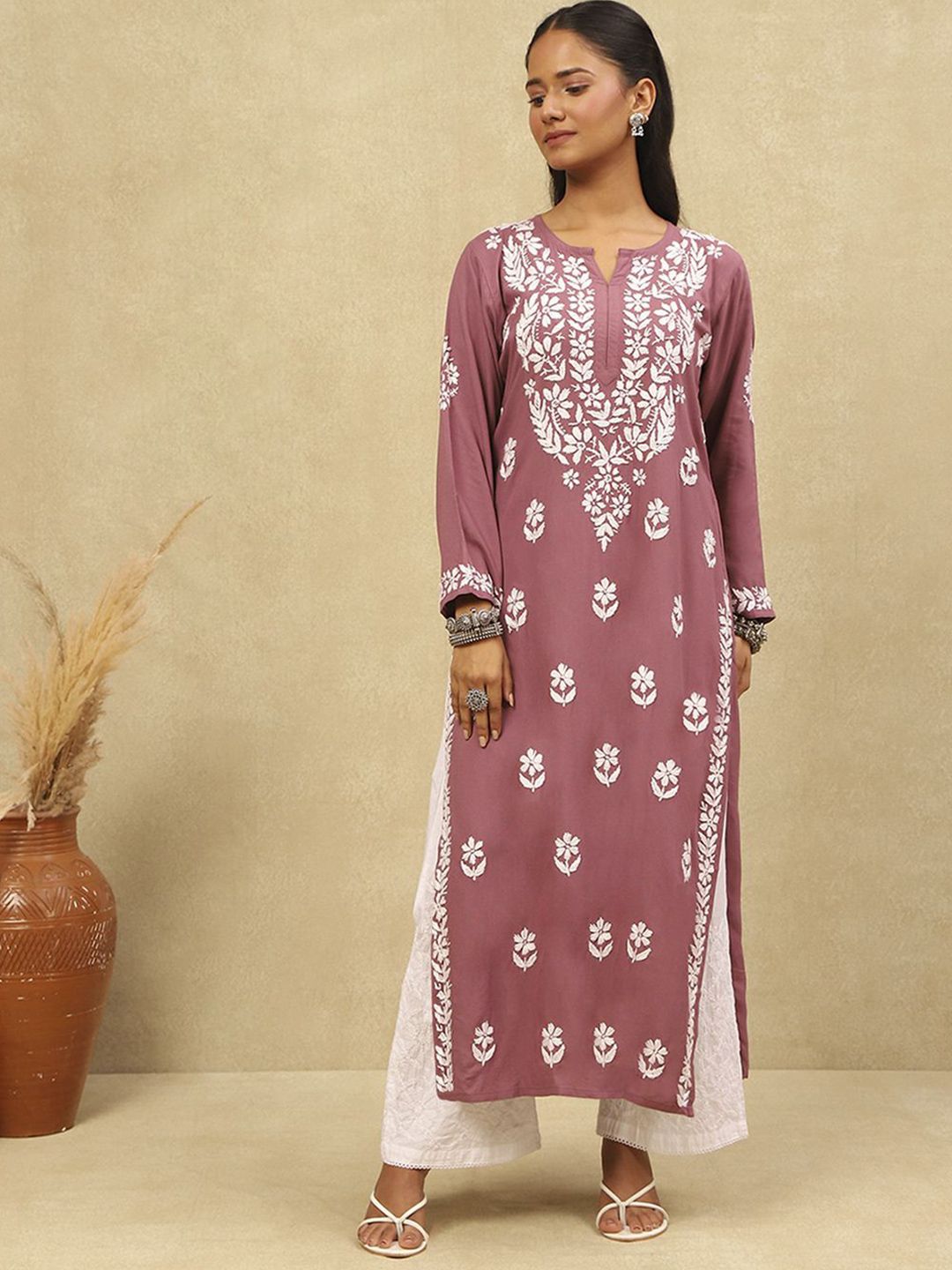 House of Chikankari Women Purple Rayon Chikankari Embroidered Kurta