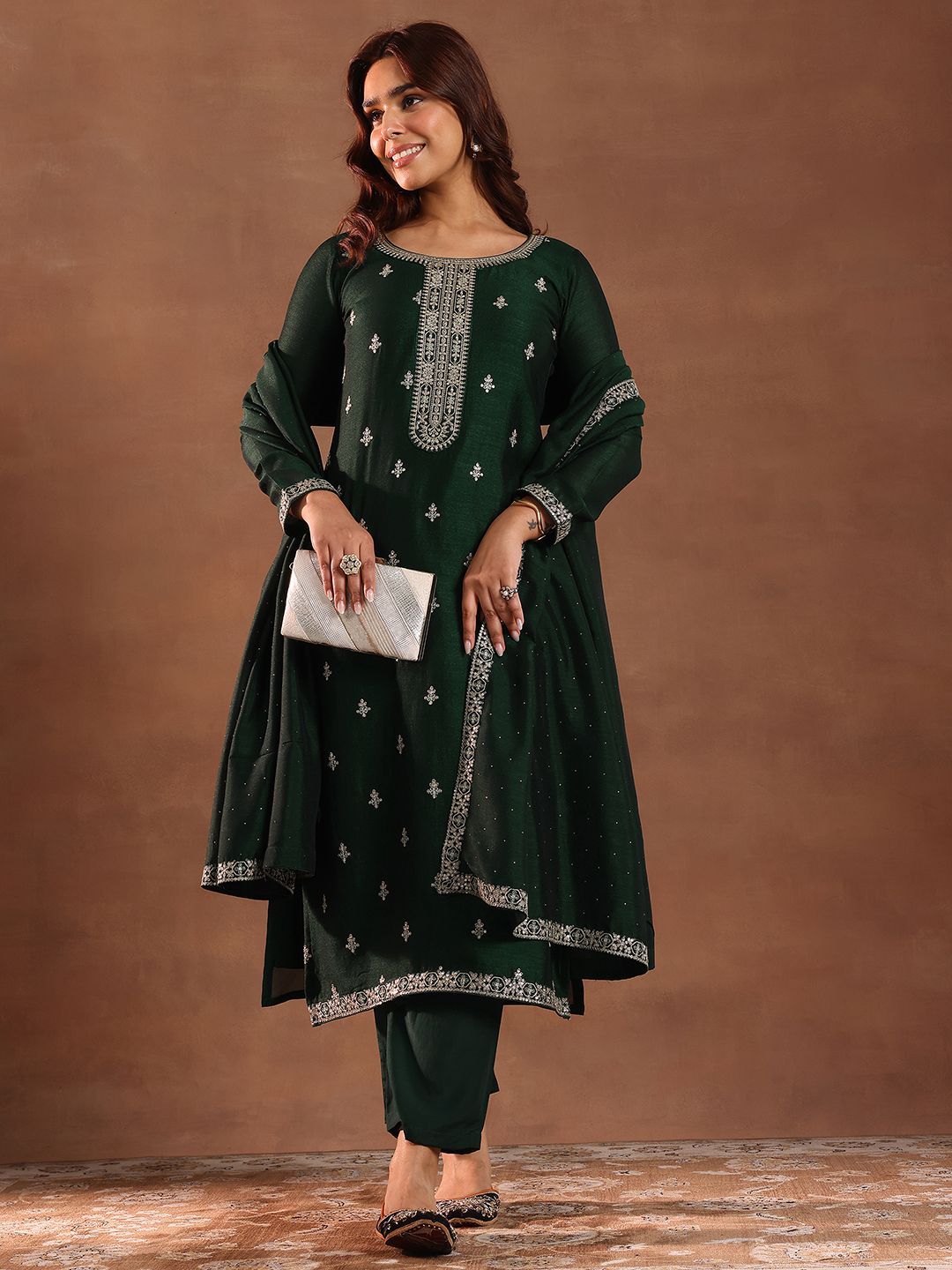 Libas Ethnic Motifs Embroidered Sequinned Straight Kurta With Trousers & Dupatta