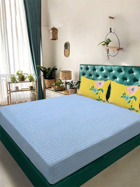KLOTTHE Blue & White Stripted Printed 300TC Double King Fine Bedsheet With 2 Pillow Cover