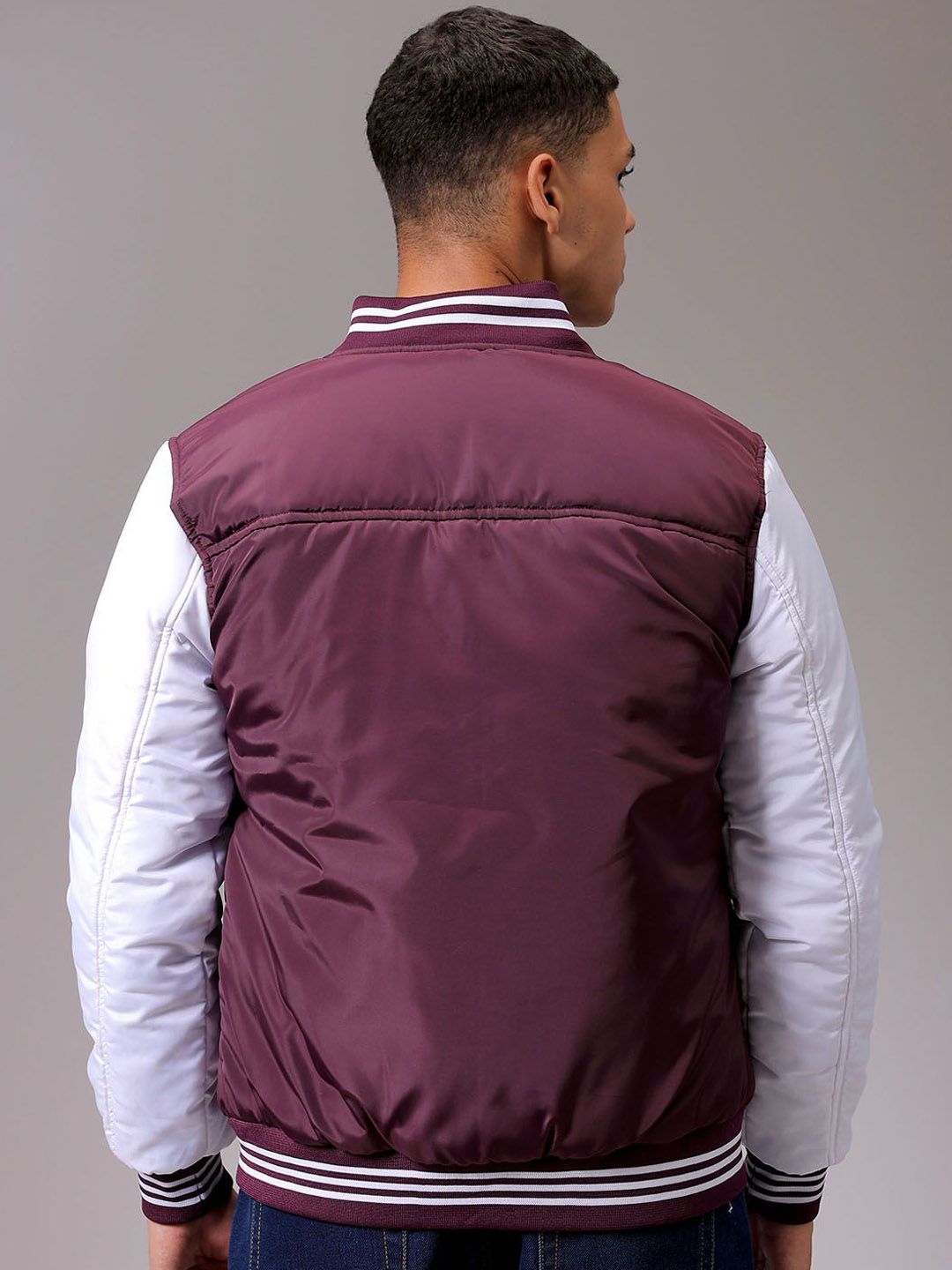 The Indian Garage Co Men Stand Collar Typography Printed Casual Varsity Jacket