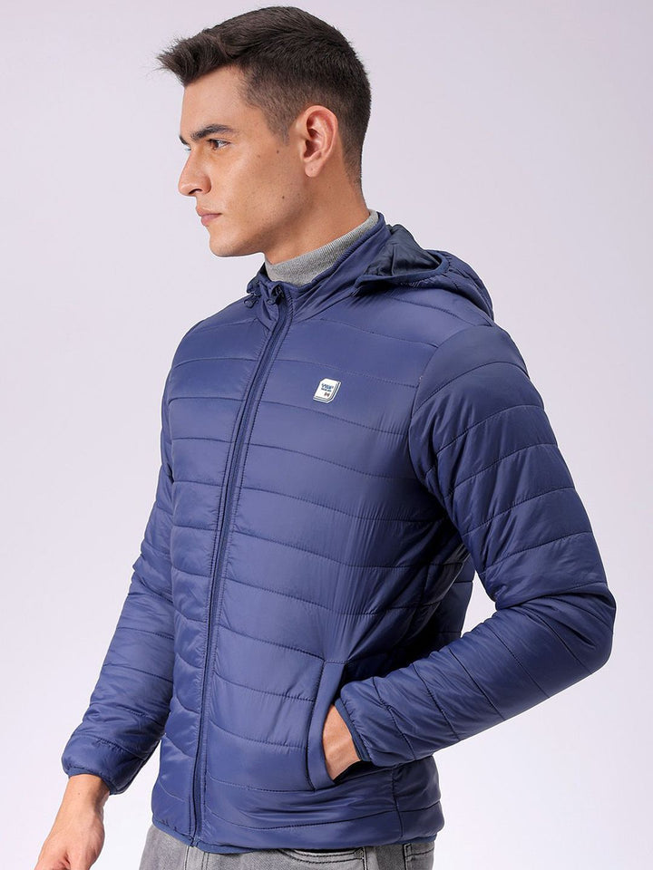 The Indian Garage Co Men Blue Solid Detachable Hood Quilted Jacket