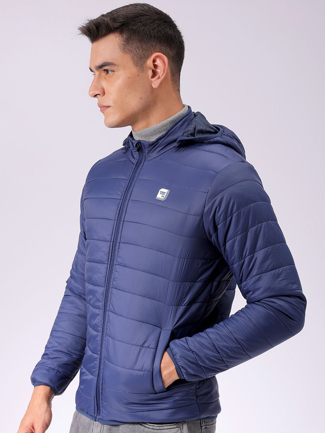 The Indian Garage Co Men Blue Solid Detachable Hood Quilted Jacket