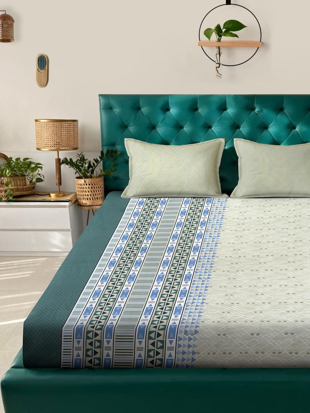 KLOTTHE Green Geometric Printed Dilengkapi 400 TC Kapas Cadar Super King & 2 Sarung Bantal