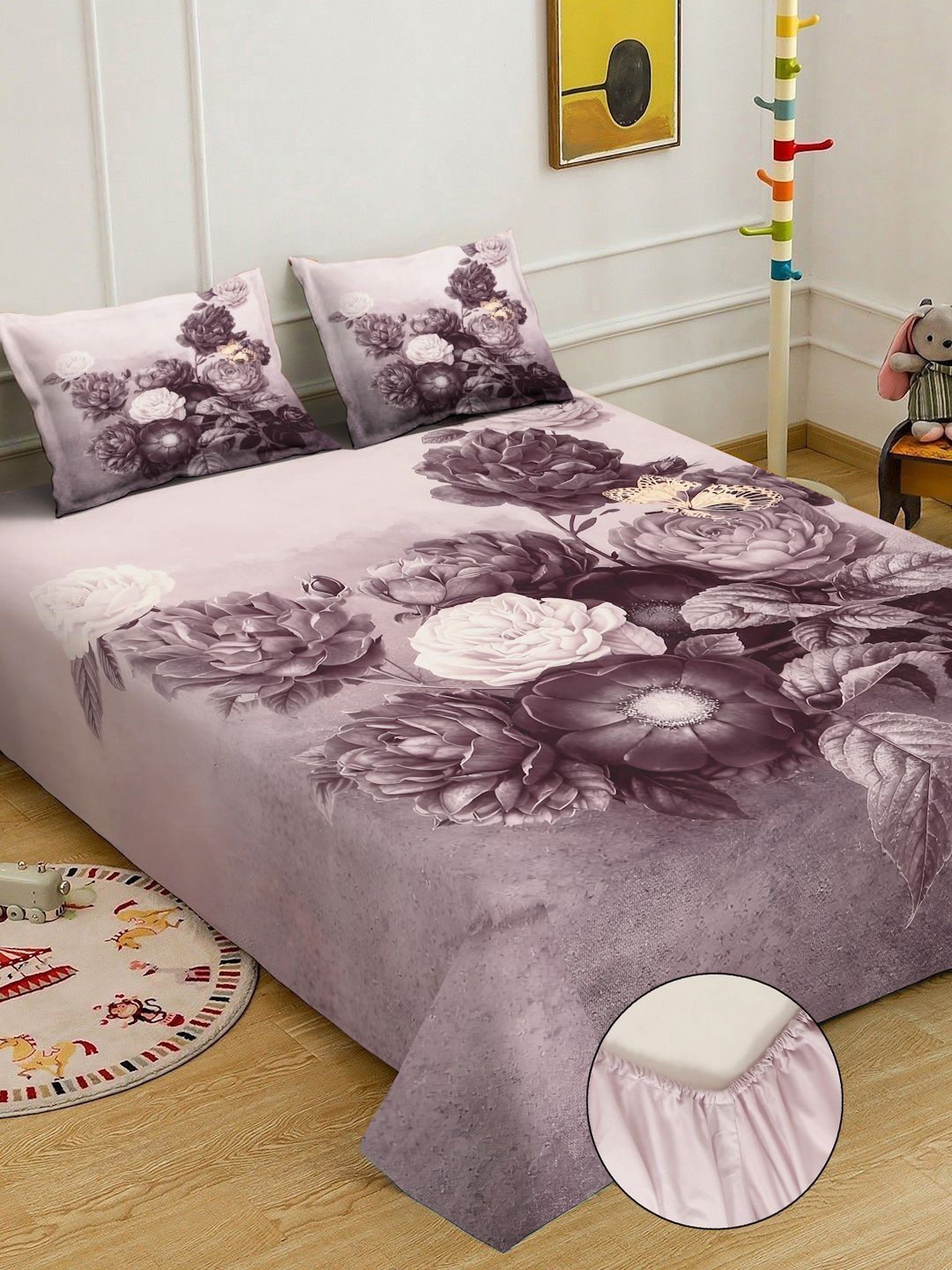 KLOTTHE Purple Floral Printed Fitted 300 TC King Fine Bedsheet With 2 Pillow Cover