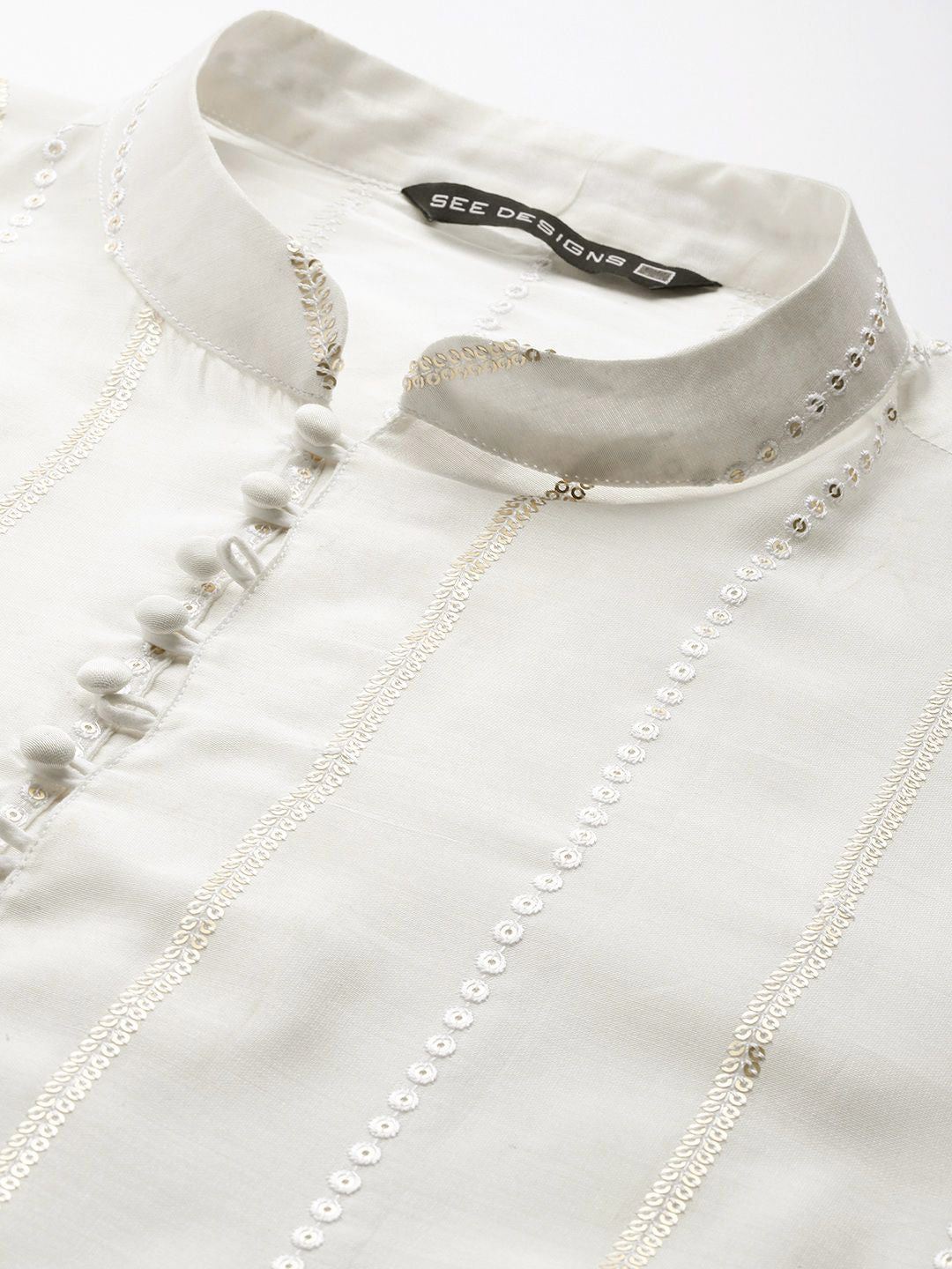 See Designs Mandarin Collar Striped Embroidered Sequinned Chanderi Silk Straight Kurta
