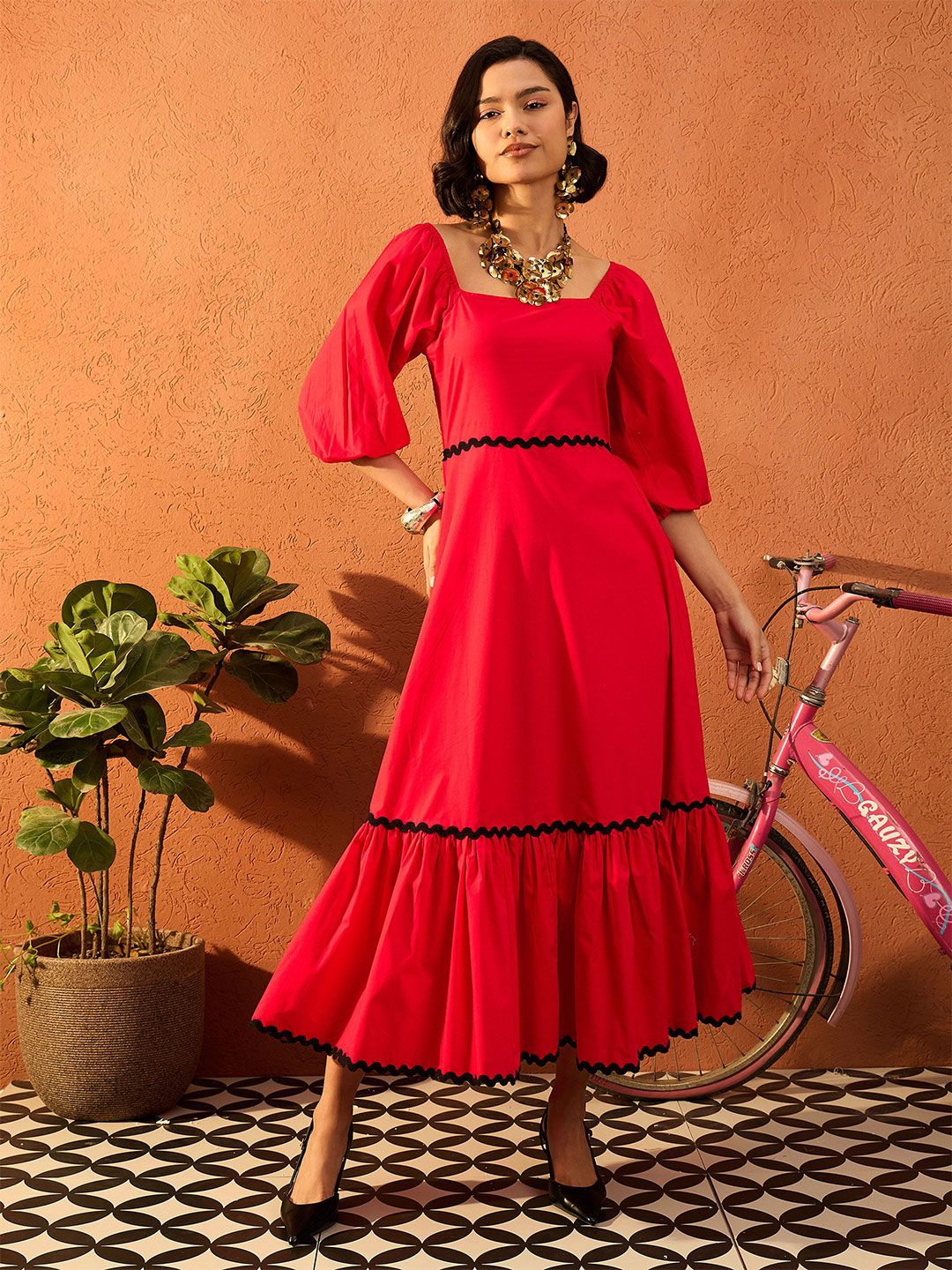 Pink Paprika by SASSAFRAS Women Bishop Sleeves Fit & Flare Maxi Dress