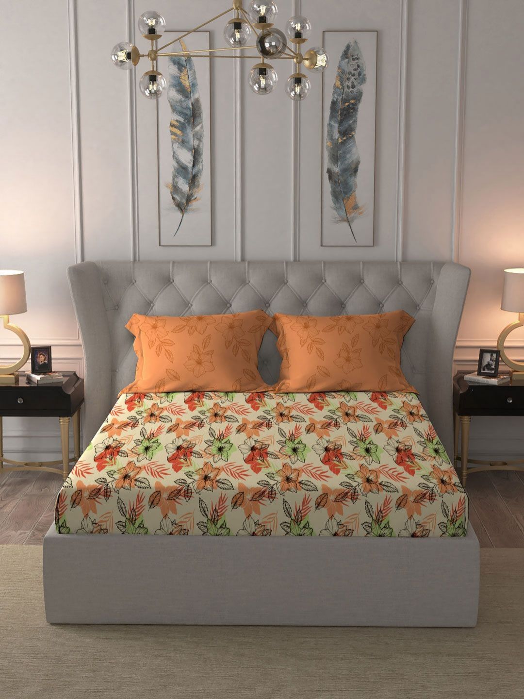 MYTRIDENT Flora Orange Moments Flat 120TC Queen Pure Cotton 1 Bedsheet with 2 Pillow Covers