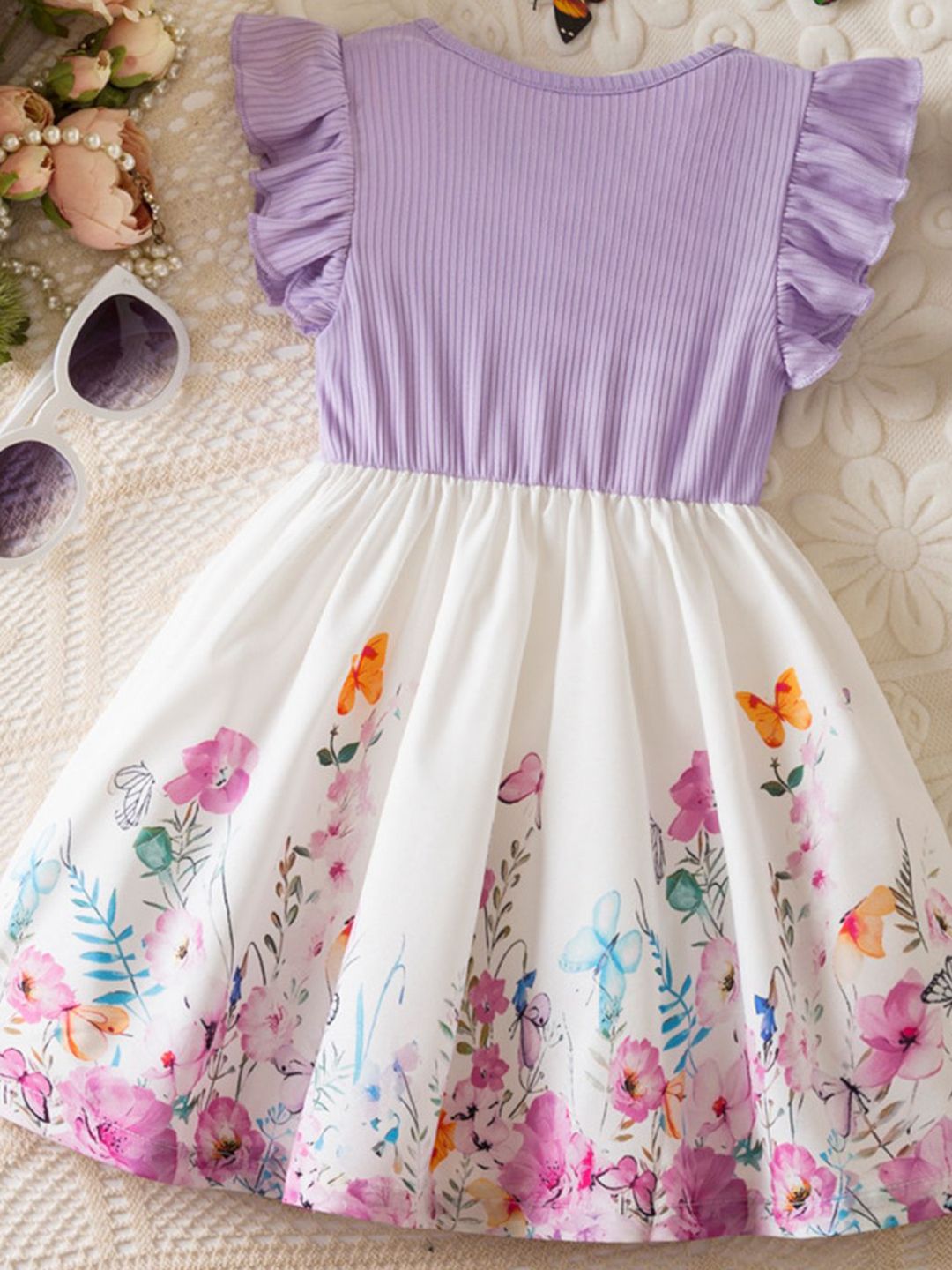 YK Girls Flutter Sleeve Fit & Flare Dress