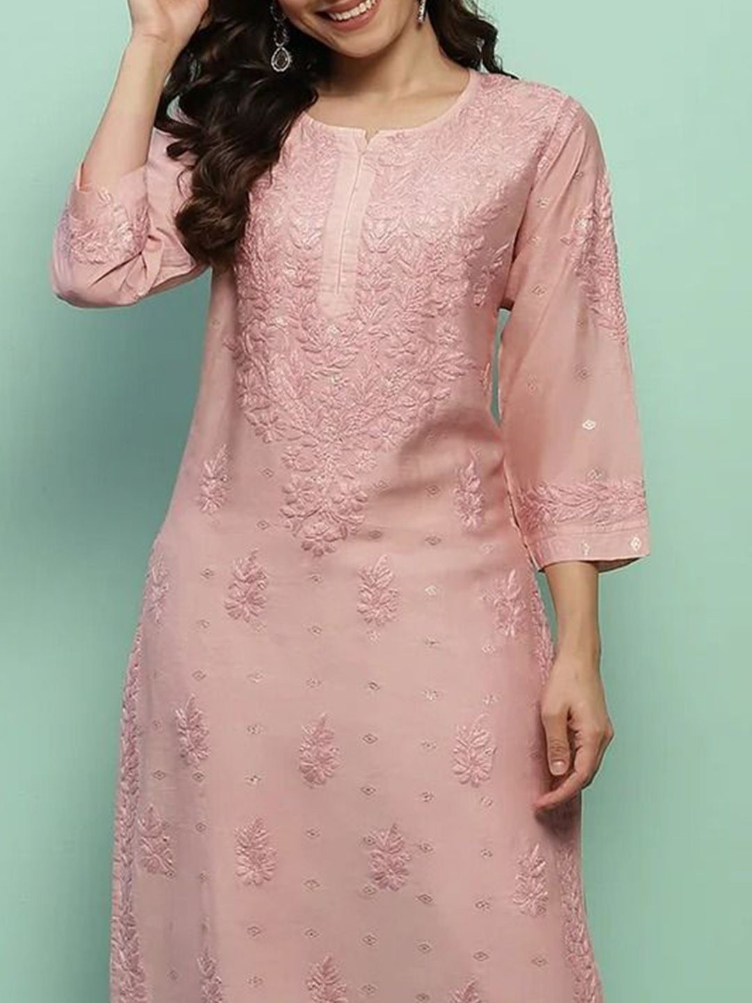 House of Chikankari Women Dust Pink Chanderi Chikankari Embroidered Kurta