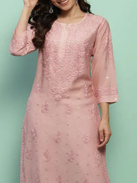 House of Chikankari Women Dust Pink Chanderi Chikankari Embroidered Kurta