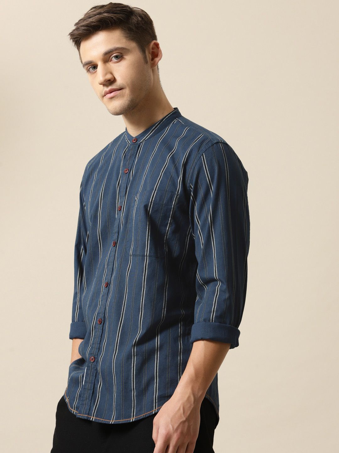 Mr Bowerbird Men Navy Blue & Black Tailored Fit Striped Casual Shirt