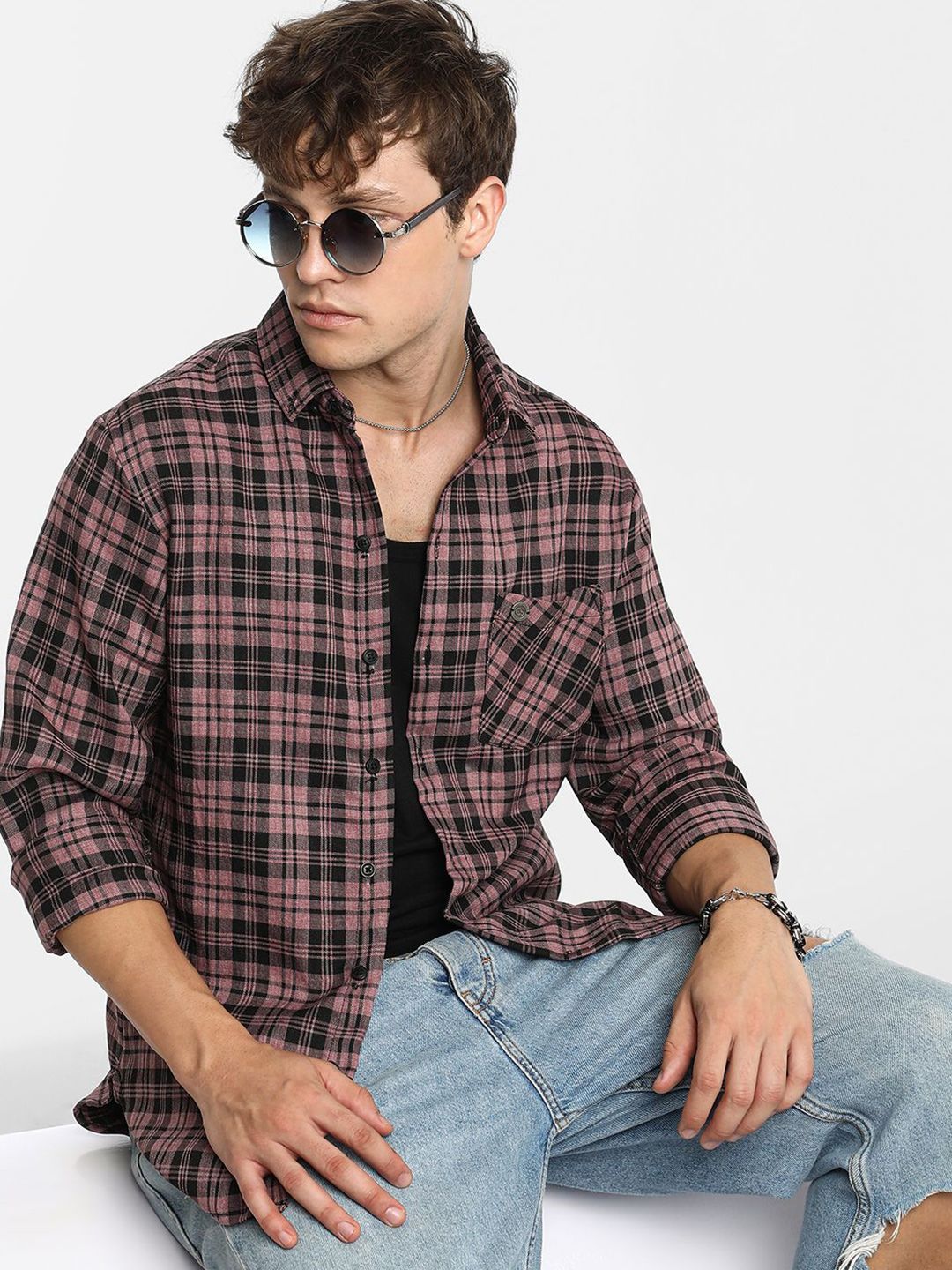 Campus Sutra Men Comfort Spread Collar Tartan Checked Polycotton Casual Shirt