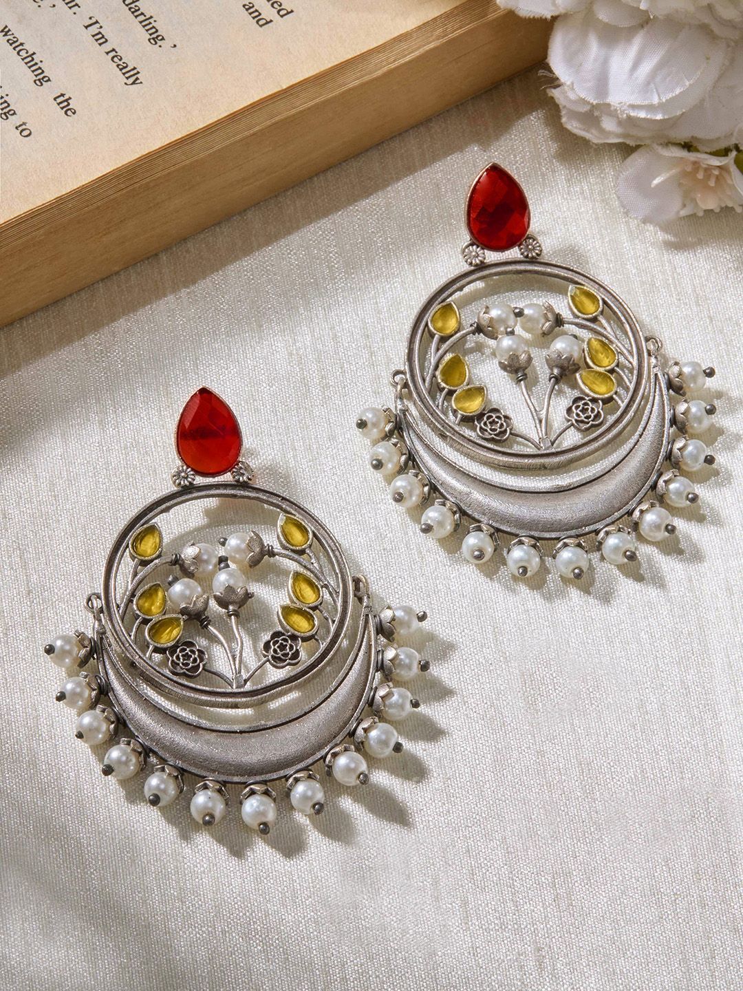 Priyaasi Silver-Plated Ruby Studded & Beaded Contemporary Oxidised Chandbalis Earrings