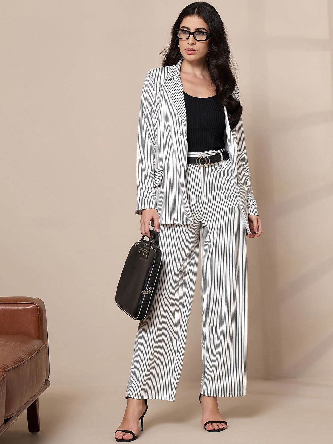SASSAFRAS worklyf Women Striped Straight Leg High-Rise Trousers
