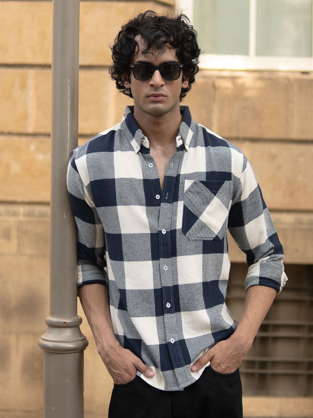 Powerlook Men Slim Fit Windowpane Checked Button-Down Collar Casual Shirt