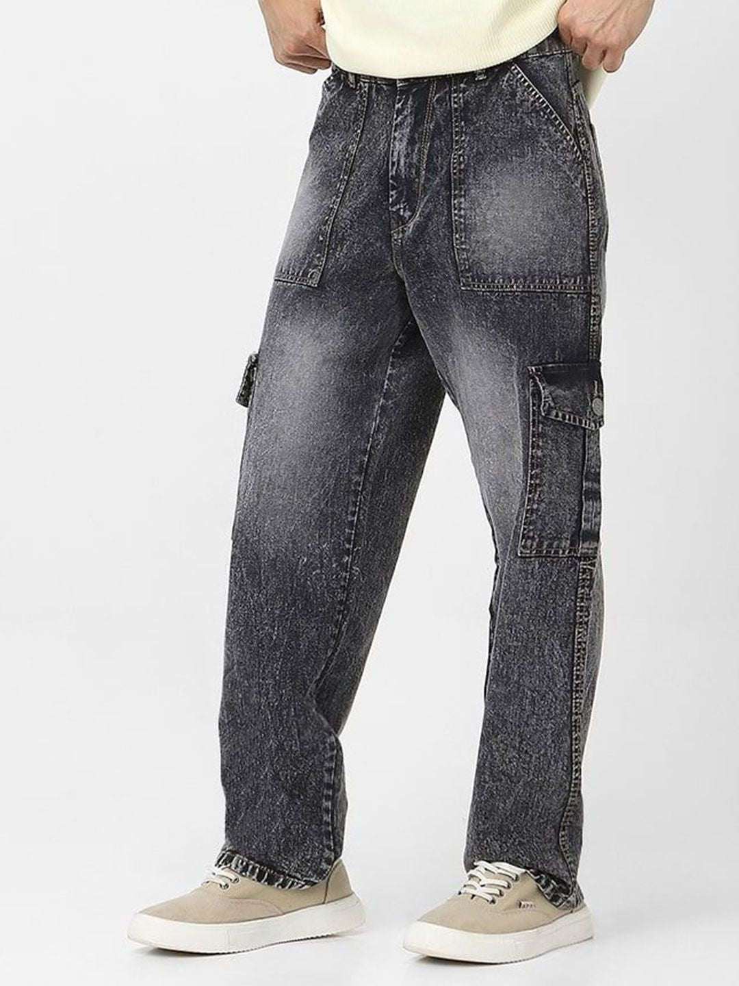 Urbano Fashion Men's Grey Loose Fit Cargo Jeans With 6 Pockets Non-Stretchable