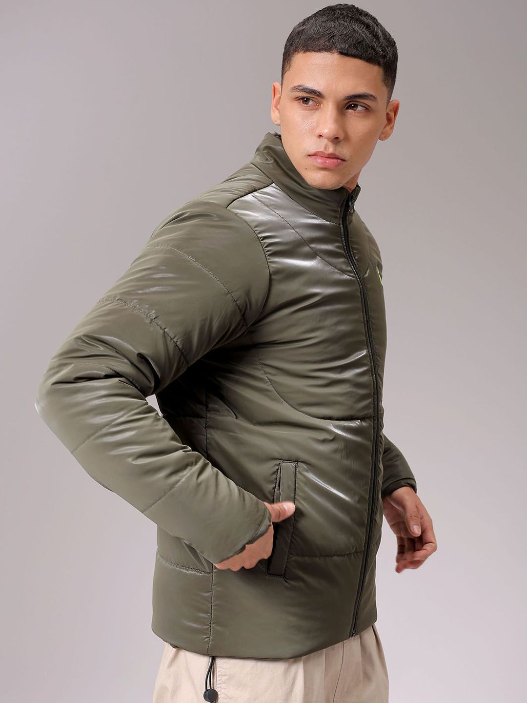 The Indian Garage Co Men High Neck Solid Puffer Jacket