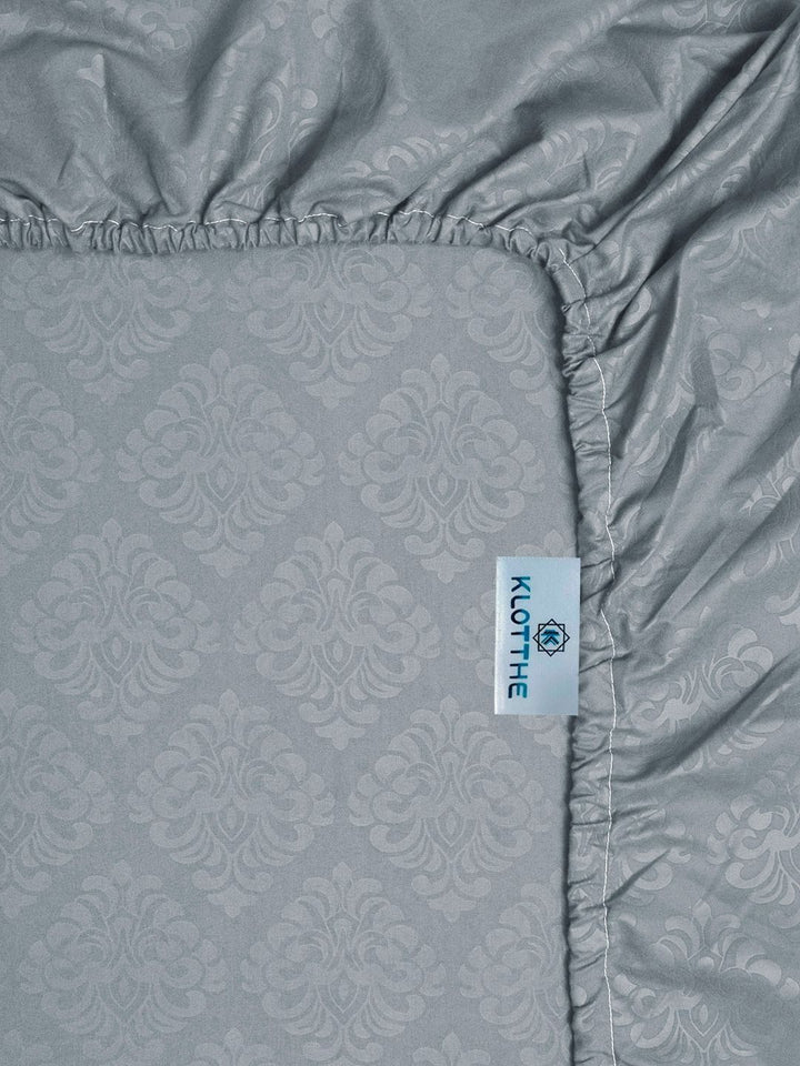 KLOTTHE Grey Floral Embosed Printed Fitted 400TC Super King Bedsheet & 2 Pillow Cover