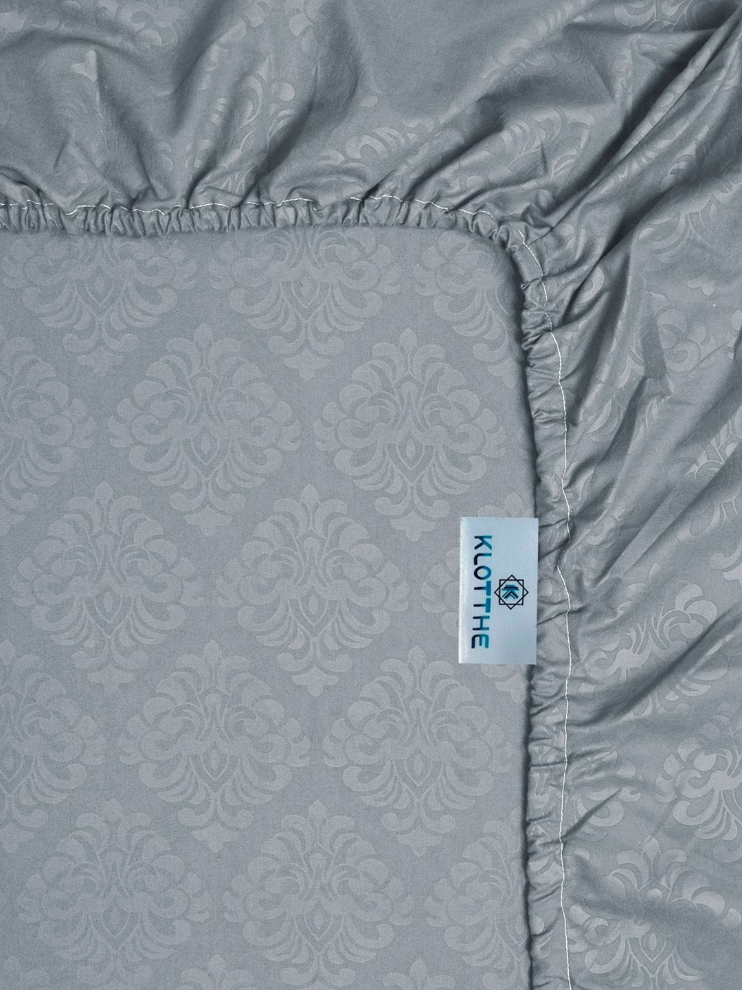 KLOTTHE Grey Floral Embosed Printed Fitted 400TC Super King Bedsheet & 2 Pillow Cover