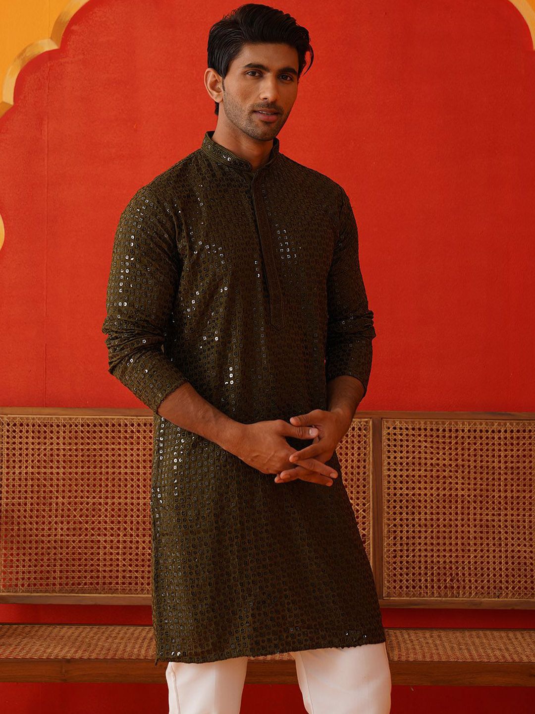 Jompers Men Embroidered Regular Sequinned Kurta with Pyjamas