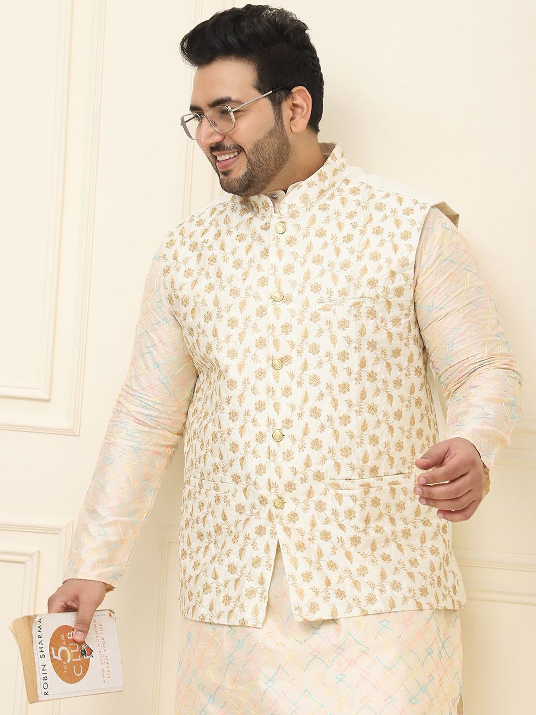 SOJANYA PLUS Men Plus Size Embroidered Mandarin Collar Nehru Jacket