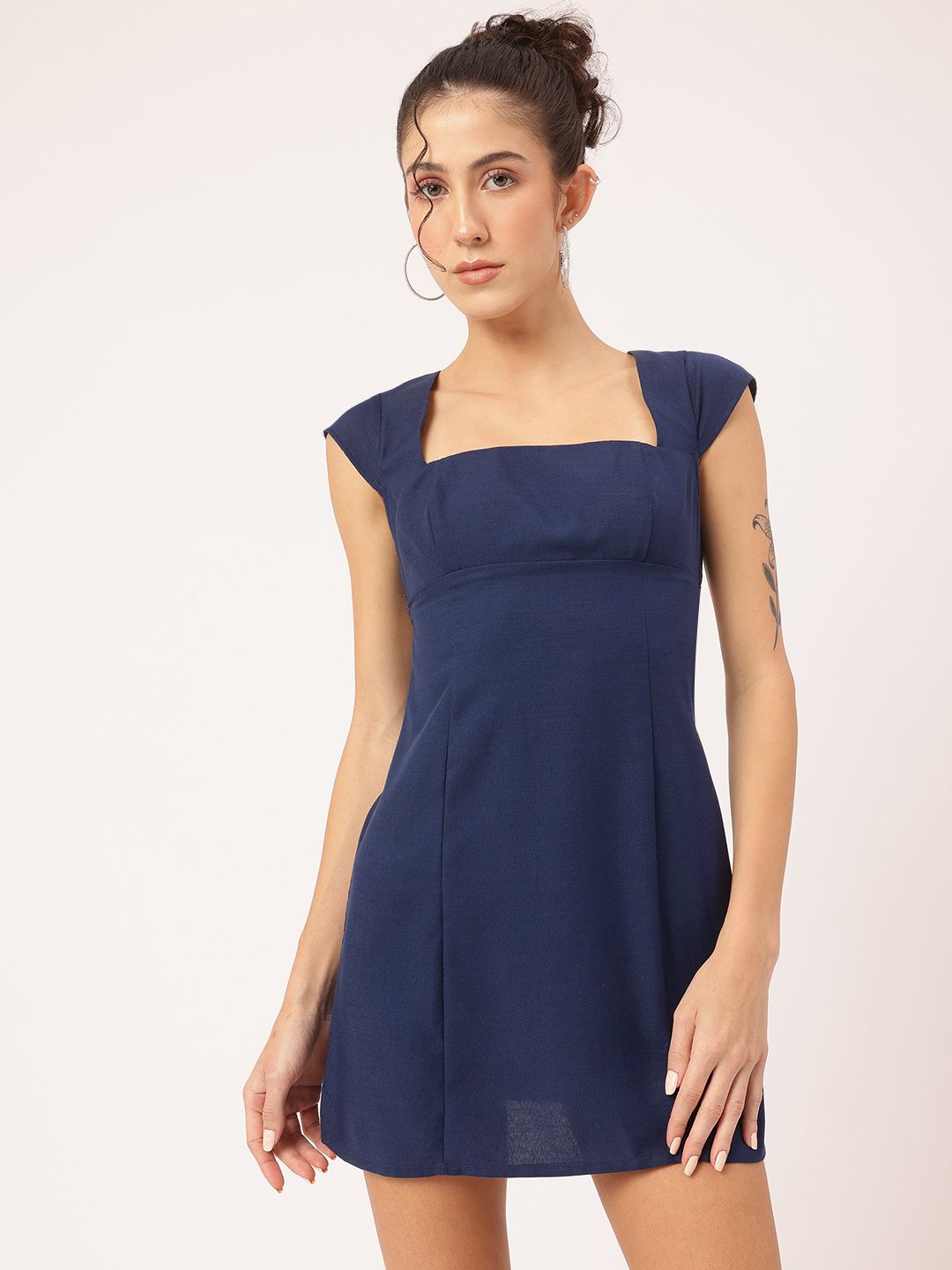 DressBerry Radiant & Raw Tie-Up Styled-Back Square Neck Mini Dress