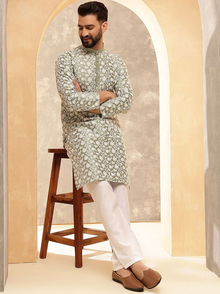 Anouk Pista Green & White Band Collar Floral Embroidered Straight Kurta