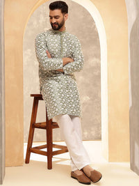 Anouk Pista Green & White Band Collar Floral Embroidered Straight Kurta