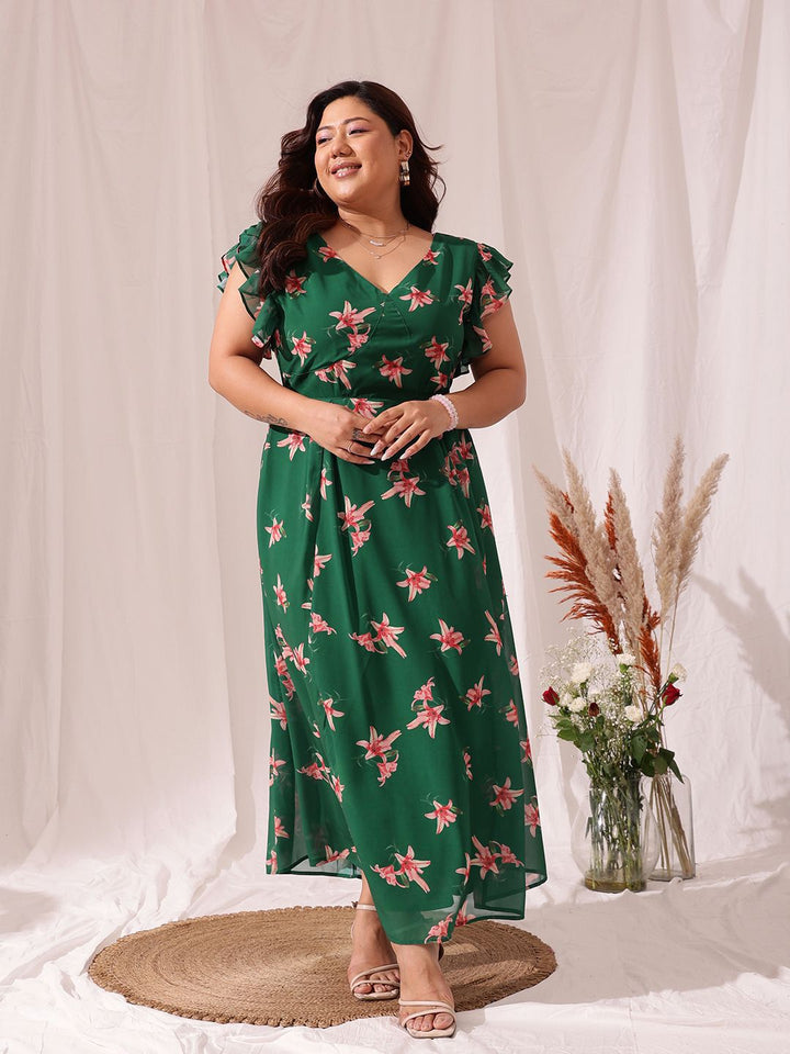 CURVY STREET Plus Size Floral Printed Flutter Sleeve Fit & Flare Maxi Dress