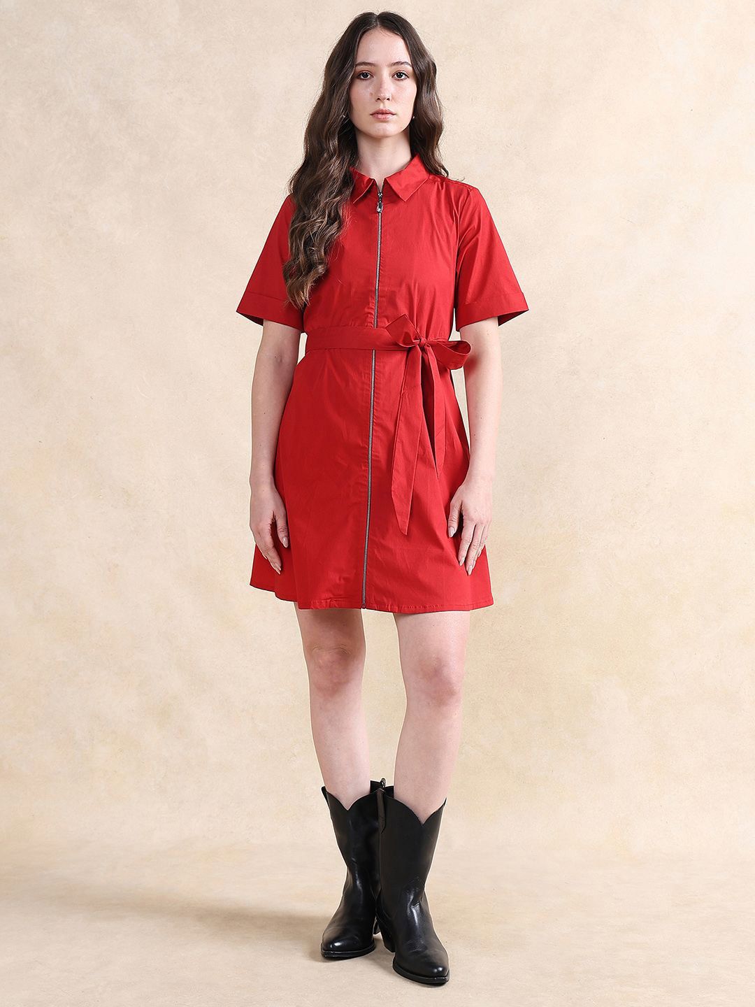 RAREISM Women Fit & Flare Mini Solid Cotton Dress